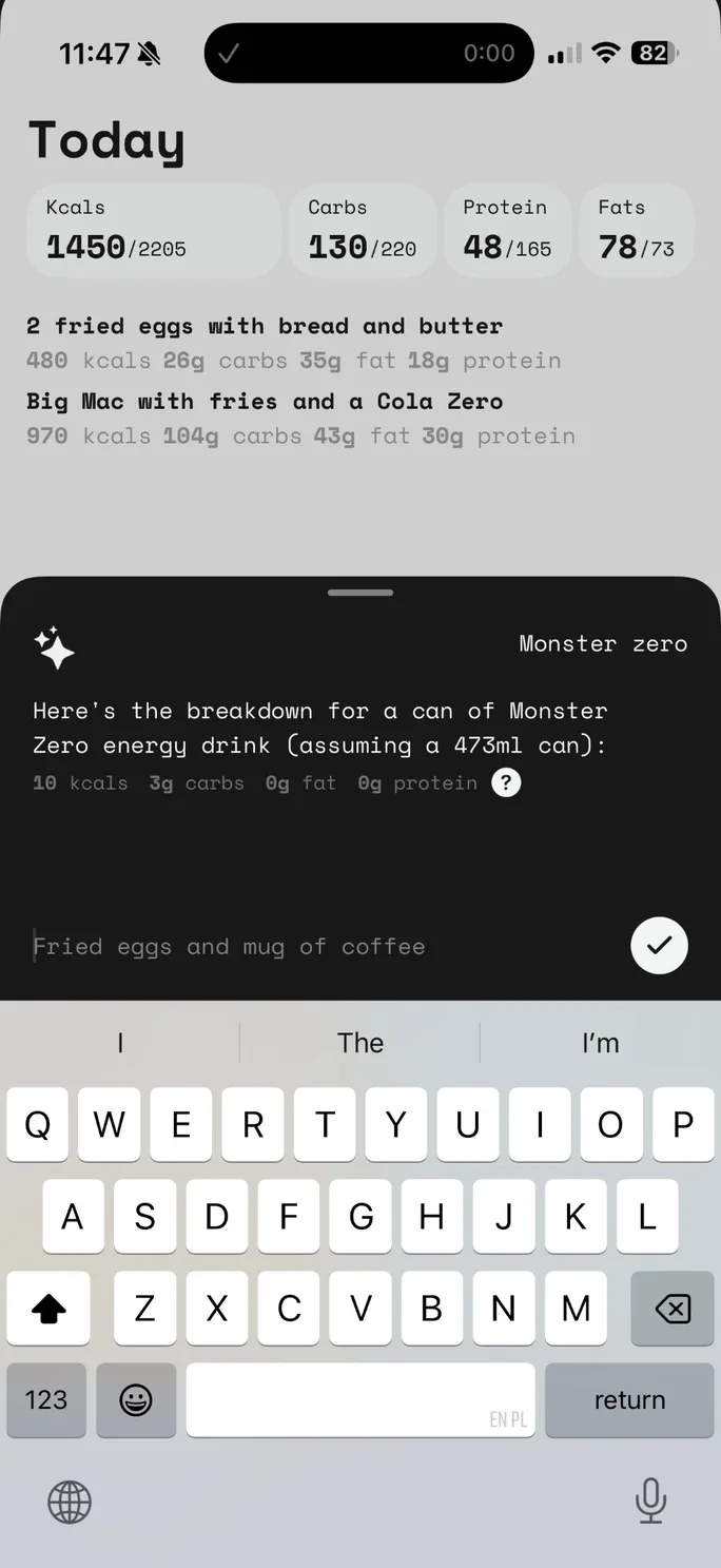 Chat-based food logging screen in 0xCal
