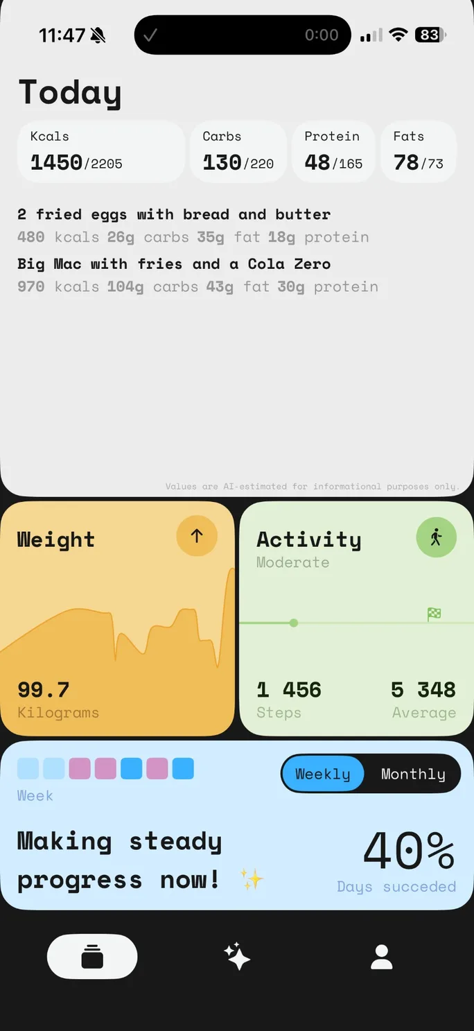 Progress cards and weekly metrics screen in the 0xCal calorie tracker